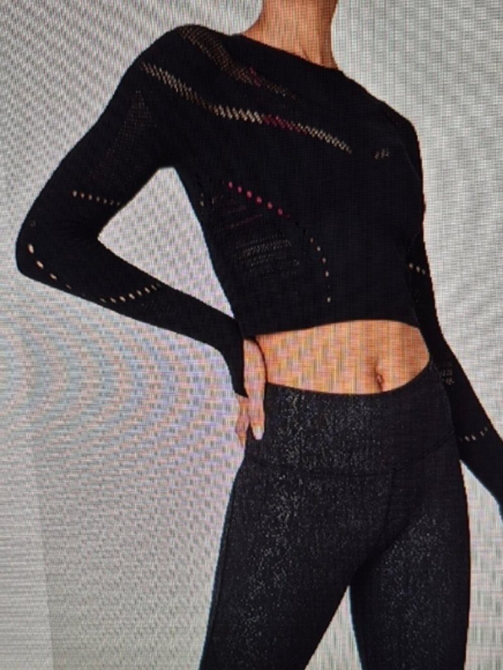 Fabletics Black Crewneck Open-Knit Long Sleeve Sweater